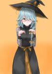  1girl ahoge black_dress blue_hair blush bow braid closed_mouth commentary dress flying_sweatdrops hair_bow hamanami_(kancolle) hat highres kamaboko_senshi kantai_collection long_hair long_sleeves official_alternate_costume orange_background orange_bow orange_eyes solo witch_hat 
