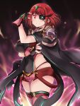  1girl absurdres bangs black_gloves breasts cape chest_jewel earrings eyepatch fingerless_gloves gloves highres jewelry kurokaze_no_sora large_breasts pyra_(xenoblade) red_eyes red_hair red_legwear red_shorts short_hair short_shorts shorts swept_bangs thighhighs tiara xenoblade_chronicles_(series) xenoblade_chronicles_2 zeke_von_genbu_(xenoblade) 