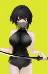  1girl bare_shoulders black_hair breasts chinese_commentary choker collar commentary_request covered_mouth highres katana large_breasts leotard looking_at_viewer mouth_veil omone_hokoma_agm original red_eyes short_hair solo sword thighs veil weapon yellow_background 