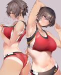  1girl arm_behind_head arm_up armpits ass bangs bare_shoulders blush breasts brown_eyes brown_hair buruma cleavage closed_eyes collarbone highres large_breasts looking_to_the_side marushin_(denwa0214) multiple_views navel original red_buruma red_sports_bra short_hair sports_bra sweat tan tanlines thighs track_uniform 