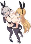  2girls animal_ears arm_warmers ass azur_lane bare_arms bare_shoulders between_breasts black_footwear black_gloves black_legwear black_leotard black_shorts blonde_hair blue_eyes blush breast_press breasts cleavage commentary_request crop_top detached_collar embarrassed fake_animal_ears fake_tail from_above full_body gloves hairband half_gloves hands_up high_heels highleg highleg_leotard highres hori_(hori_no_su) large_breasts leotard long_hair looking_at_viewer looking_back looking_up micro_shorts midriff mole mole_on_breast multiple_girls navel necktie north_carolina_(azur_lane) north_carolina_(the_heart&#039;s_desire)_(azur_lane) nose_blush official_alternate_costume open_fly open_mouth pantyhose rabbit_ears rabbit_tail revealing_clothes shoes short_hair shorts single_arm_warmer smile stomach suspenders sweat symmetrical_docking tail unzipping v-shaped_eyebrows very_long_hair washington_(azur_lane) white_footwear white_hair wrist_cuffs 