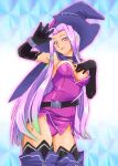  1girl alternate_costume breasts closed_mouth cosplay elbow_gloves gloves halloween_costume hat long_hair looking_at_viewer onnaski pointy_ears purple_eyes purple_hair seiken_densetsu seiken_densetsu_3 smile solo thighhighs valda_(seiken_densetsu_3) 