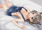  1girl bangs bare_arms bare_legs bare_shoulders blush breasts brown_hair commentary_request eyebrows_visible_through_hair hair_ornament hands_up highres long_hair lying medium_breasts miyuki_(yxbt7) naked_overalls nipples on_back on_bed open_mouth original overalls purple_eyes solo 