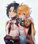  2boys aether_(genshin_impact) ahoge arm_guards armor asymmetrical_clothes bangs bead_necklace beads black_gloves black_hair blonde_hair blush braid closed_mouth commentary_request covered_mouth crop_top detached_sleeves diamond-shaped_pupils diamond_(shape) earrings eyeliner eyeshadow facial_mark forehead_mark genshin_impact gloves green_gloves green_hair hug hug_from_behind jewelry long_hair makeup male_focus multicolored_hair multiple_boys necklace parted_bangs pendant red_eyeshadow rowya scarf short_hair_with_long_locks short_sleeves shoulder_armor shoulder_pads shoulder_spikes simple_background single_bare_shoulder single_braid single_detached_sleeve slit_pupils spikes symbol-shaped_pupils tassel two-tone_hair vision_(genshin_impact) white_background wide_sleeves xiao_(genshin_impact) yellow_eyes 