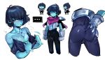  ... 1other armor ass ass_grab bangs black_bodysuit black_hair blue_skin bodysuit bulge clenched_hands closed_mouth colored_skin commentary deltarune doppel_(bonnypir) eyebrows_visible_through_hair genderswap genderswap_(otm) gloves grabbing_own_ass hair_over_one_eye kris_(deltarune) looking_at_viewer multiple_views nipples no_eyes parted_lips red_eyes scarf simple_background sweat white_background white_gloves 