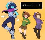  3others =_= androgynous arm_up armor bangs black_bodysuit black_legwear blue_hair blush_stickers bodysuit boots brown_footwear brown_hair brown_shorts chara_(undertale) closed_eyes closed_mouth colored_skin commentary dancing deltarune doppel_(bonnypir) english_text frisk_(undertale) gloves hair_over_eyes hand_on_hip highres kris_(deltarune) long_sleeves multiple_others other_focus pantyhose purple_shorts scarf shirt shorts simple_background smile striped striped_shirt undertale white_gloves yellow_background 