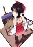  1girl bangs black_hair black_legwear bow brown_eyes closed_mouth coffee coffee_mug cookie_(touhou) crop_top cup detached_sleeves expressionless eyebrows_visible_through_hair full_body hair_between_eyes hair_bow hakurei_reimu highres long_hair looking_at_viewer looking_back mug painting_(object) red_bow red_footwear red_shirt red_skirt rizeass shirt shoes sidelocks skirt solo standing symbol-only_commentary thighhighs touhou white_background white_sleeves wooden_floor yuyusu_(cookie) 