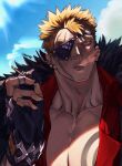  1boy bara black_gloves black_jacket blonde_hair brown_eyes chest_tattoo cigarette cloud day earrings eyepatch facial_mark fairy_tail falloutbart fingerless_gloves fur-trimmed_jacket fur_trim gloves highres holding holding_cigarette jacket jewelry laxus_dreyar male_focus multiple_earrings muscular muscular_male one_eye_covered open_clothes open_jacket open_shirt pectoral_cleavage pectorals red_shirt ring shirt short_hair sky smoke smoking solo spiked_hair tattoo twitter_username upper_body 