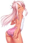  1girl :p adjusting_clothes adjusting_swimsuit ass bare_shoulders blush breasts chloe_von_einzbern closed_mouth competition_swimsuit cowboy_shot dark-skinned_female dark_skin eyebrows_visible_through_hair fate/kaleid_liner_prisma_illya fate_(series) hair_bun hair_ornament hair_stick highres leaning_forward long_hair looking_at_viewer looking_back one-piece_swimsuit pink_hair simple_background small_breasts smile solo swimsuit tongue tongue_out two-tone_swimsuit wet white_background yellow_eyes zirba 