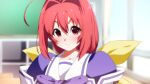  1girl ahoge blurry blurry_background blush bow classroom closed_mouth commentary_request eyebrows_visible_through_hair hair_intakes hakuryou_high_school_uniform indoors kagami_sumika large_bow light_smile long_hair looking_at_viewer muvluv red_eyes red_hair rom_(20) school_uniform smile solo upper_body 