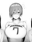  1girl blush breasts collarbone commentary_request eyebrows_behind_hair greyscale hair_ornament hairclip highres large_breasts looking_at_viewer low_twintails mole mole_on_armpit mole_under_mouth monochrome original short_hair short_twintails sian solo_focus sportswear sweat twintails upper_body volleyball_uniform 
