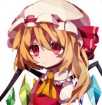  1girl ascot bangs blonde_hair crystal flandre_scarlet hat hat_ribbon mob_cap one_side_up red_eyes red_ribbon red_vest ribbon shirt short_hair short_hair_with_long_locks short_sleeves simple_background solo soresaki touhou upper_body vest white_background white_headwear white_shirt wings yellow_ascot 