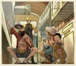  4boys caught commentary cup drinking_glass eating food food_theft hand_on_own_face hat highres hurumori indoors kitchen male_focus monkey_d._luffy multiple_boys no_eyes one_piece onigiri puffy_cheeks sandals sanji sash scar scar_on_chest scar_on_face smoking straw_hat tony_tony_chopper tray usopp 