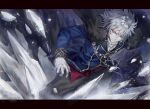  1boy ascot bangs black_border black_pants blue_coat border closed_mouth coat coat_on_shoulders feet_out_of_frame frown fur_coat grey_hair highres ice legs_apart long_sleeves male_focus melty_blood melty_blood:_type_lumina pants qitoli red_eyes red_sash sash short_hair silver_hair sleeve_cuffs solo_focus standing tsukihime tsukihime_(remake) tsurime vlov_arkhangel white_ascot 