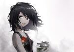 1girl anita_(arknights) arknights bare_shoulders black_dress black_eyes black_hair chinese_commentary commentary_request dress five-fall flower highres holding holding_jar jar lapel_flower lapel_pin looking_to_the_side medium_hair messy_hair open_mouth red_flower smile solo white_background 