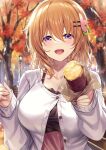  1girl alternate_costume autumn_leaves blush breasts buttons cardigan collarbone commentary_request food gochuumon_wa_usagi_desu_ka? hair_ornament hairclip highres holding holding_food hoto_cocoa large_breasts long_sleeves looking_at_viewer maple_tree orange_hair purple_eyes short_hair solo sweet_potato tree upper_body white_cardigan xephyrks 