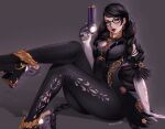 1girl absurdres artist_name bayonetta bayonetta_(series) bayonetta_3 black_hair blue_eyes braid breasts commentary_request earrings elbow_gloves flower full_body glasses gloves grey_background gun hair_flower hair_ornament high_heels highres holding holding_gun holding_weapon jewelry lipstick long_hair looking_at_viewer makeup mature_female medium_breasts mole mole_under_mouth multiple_braids nyiccco puffy_short_sleeves puffy_sleeves short_sleeves sitting solo trigger_discipline very_long_hair weapon white_gloves 