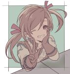  1boy brown_hair elbows_on_table gloves granblue_fantasy green_background grin hair_ribbon hand_on_own_cheek hand_on_own_face lamorak_(granblue_fantasy) long_hair male_focus ncn828 one_eye_closed red_eyes ribbon smile solo twintails v younger 