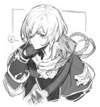 1boy bangs bracelet braid commentary_request gloves granblue_fantasy greyscale hair_over_one_eye hand_on_own_face highres jewelry lamorak_(granblue_fantasy) long_bangs long_hair looking_to_the_side male_focus monochrome pursed_lips solo tki whistle white_background 