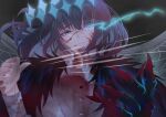  1boy absurdres arthropod_boy bangs blood blood_on_clothes blood_on_face blue_eyes cape commentary_request crown dark_background diamond_hairband fate/grand_order fate_(series) fur-trimmed_cape fur_trim grey_hair highres insect_wings long_sleeves looking_at_viewer male_focus mumei_(meiime_) oberon_(fate) open_mouth partial_commentary shirt short_hair solo spoilers teeth upper_body white_shirt wings 