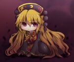  1girl :| bangs black_sleeves blonde_hair breasts chinese_clothes closed_mouth commentary_request eyebrows_visible_through_hair fox_print hair_between_eyes hands_on_ground highres junko_(touhou) large_breasts long_hair long_sleeves looking_to_the_side obi phoenix_crown purple_background red_eyes ribbon sash simple_background sitting slit_pupils solo tabard touhou unime_seaflower wariza wide_sleeves yellow_neckwear yellow_ribbon 
