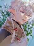  1girl alisaie_leveilleur bangs beige_jacket blue_eyes commentary_request earclip elezen elf final_fantasy final_fantasy_xiv hair_ribbon jya korean_commentary leaf looking_to_the_side medium_hair plant pointy_ears ponytail portrait ribbon silver_hair solo 
