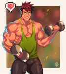  1boy alex_(stardew_valley) alternate_pectoral_size artist_name bara bare_arms bare_pectorals bare_shoulders biceps black_pants brown_hair dumbbell green_eyes green_tank_top heart large_pectorals looking_at_viewer male_focus muscular muscular_male nipples pants pectorals short_hair skin_tight smile solo stardew_valley tank_top teeth thick_thighs thighs tight tight_pants weightlifting xelgot 