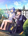  1boy 1girl bandages barefoot black_eyes black_hair blue_eyes blue_hair choker glenn_radars mishima_kurone one_knee outdoors reaching_out rokudenashi_majutsu_koushi_to_akashic_record ryiel_rayford shirt sitting sky wheelchair white_shirt 