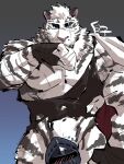  1boy 1other animal_ears arknights bara black_tank_top censored chain_necklace character_censor doctor_(arknights) furry furry_male highres kirupi large_pectorals male_focus mountain_(arknights) muscular muscular_male novelty_censor pectorals scar scar_across_eye scar_on_arm scar_on_face sidepec tank_top tiger_ears torn_clothes 