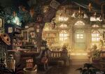  book bookshelf bottle chair commentary_request desk door fantasy hat indoors lantern loaded_interior no_humans original partial_commentary plant ponsumi room scenery stairs window 