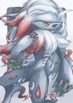  absurdres bamboo claws closed_mouth commentary_request fangs fangs_out furry highres hisuian_zoroark looking_at_viewer pokemon pokemon_(creature) smile solo takekasa_(sgmn5275) white_fur yellow_eyes 