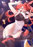  1girl aiushi_(lovecowjp) animal_ears armpits azur_lane black_legwear blue_eyes blush bow breasts cameltoe covered_navel eyebrows_visible_through_hair fake_animal_ears feet_out_of_frame from_above hair_bow hair_ornament hand_up highleg highres large_breasts long_hair looking_at_viewer nail_polish one_eye_closed open_mouth playboy_bunny rabbit_ears red_hair red_nails san_diego_(azur_lane) simple_background smile solo standing standing_on_one_leg thighhighs thighs 