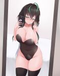  1girl absurdres bare_shoulders black_hair black_legwear breasts cleavage collarbone green_eyes green_hair highres holding holding_phone large_breasts leotard mirror multicolored_hair nijisanji nijisanji_kr pantyhose phone riba see-through selfie shin_yuya strapless strapless_leotard thick_thighs thighs v 