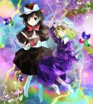  2girls album_cover_redraw blonde_hair book bow bowtie brown_eyes brown_hair capelet derivative_work dr.latency&#039;s_freak_report dress electricity floating full_body hat hat_bow highres kaigen_1025 long_sleeves maribel_hearn mob_cap multiple_girls no_shoes purple_dress quark_(particle) ribbon shirt short_hair skirt socks touhou usami_renko white_bow white_legwear 