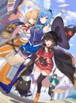  1boy 3girls aqua_(konosuba) armpits asymmetrical_legwear bandages black_gloves black_hair black_headwear black_legwear blonde_hair blue_eyes blue_footwear blue_hair boots brown_footwear cape choker commentary_request darkness_(konosuba) fingerless_gloves gloves grin hair_ornament hairclip hat knee_boots kono_subarashii_sekai_ni_shukufuku_wo! long_hair looking_at_viewer megumin mishima_kurone mismatched_legwear multiple_girls one_eye_closed open_mouth outdoors ponytail red_eyes satou_kazuma smile white_legwear witch_hat 