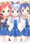  3girls alternate_hairstyle animal_ears blue_eyes blush chimame-tai dark_blue_hair extra_ears girl_sandwich gochuumon_wa_usagi_desu_ka? hair_ornament highres jouga_maya kafuu_chino kafuu_chino&#039;s_school_uniform kneeling light_blue_hair looking_at_viewer multiple_girls natsu_megumi open_mouth red_hair sandwiched school_uniform smile twintails yellow_eyes yoboshi 