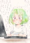  1girl @_@ afterimage bangs brown_background clenched_teeth collarbone commentary_request computer eyebrows_visible_through_hair gomennasai green_hair laptop original pink_eyes shirt short_sleeves simple_background solo teeth upper_body v-shaped_eyebrows white_shirt 
