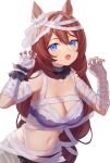  1girl :d animal_ears bandaged_arm bandages bangs bare_shoulders black_neckwear blue_eyes blush breasts brown_hair claw_pose cleavage collarbone commentary_request cowboy_shot ear_ornament fangs halloween_costume hands_up highres horse_ears lace_trim large_breasts leaning_forward littleamber long_hair looking_at_viewer navel simple_background smile solo super_creek_(umamusume) torn_clothes umamusume very_long_hair white_background wrist_cuffs 