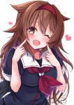  1girl absurdres artist_name black_serafuku black_skirt blush brown_eyes brown_hair commentary_request dated hair_between_eyes hair_flaps hairband heart highres kantai_collection long_hair mashiro_yukiya neckerchief one_eye_closed open_mouth red_hairband red_neckerchief remodel_(kantai_collection) school_uniform serafuku shiratsuyu_(kancolle) short_sleeves signature simple_background skirt smile solo upper_body white_background 