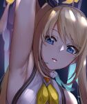  1girl arm_up armpits bangs blonde_hair blue_eyes dobure18 eyebrows_visible_through_hair headset highres long_hair looking_at_viewer nijisanji nijisanji_id open_mouth portrait solo twintails virtual_youtuber yellow_neckwear zea_cornelia 