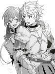  2boys armor ascot bangs belt book cheek_poking commentary_request feb_itk frown gawain_(granblue_fantasy) gloves granblue_fantasy greyscale highres holding holding_book lamorak_(granblue_fantasy) long_hair looking_back male_focus monochrome multiple_boys open_mouth poking ponytail short_hair smile turtleneck white_background younger 