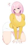  1girl all_fours ass bobobong breasts cleavage commentary curvy hanging_breasts heart highres kneeling large_breasts legs_apart looking_at_viewer original pink_eyes pink_hair skirt solo symbol-only_commentary thick_thighs thighs white_background 