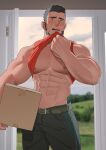  1boy abs bara bare_pectorals beard belt black_hair black_pants blue_eyes box clothes_lift cloud cloudy_sky day delivery door facial_hair holding holding_box indoors large_pectorals lifted_by_self looking_at_viewer male_focus muscular muscular_male navel nywlub_(bulwyn) open_door open_mouth orange_tank_top original pants pectorals reference_work reward_available shirt_lift short_hair sky sleeveless sweat sweatdrop tank_top teeth upper_teeth wiping_sweat 