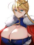  1girl artoria_pendragon_(fate) artoria_pendragon_(lancer)_(fate) blonde_hair braid breasts cape cleavage cleavage_cutout clothing_cutout commentary crown fate/grand_order fate_(series) french_braid fur_collar green_eyes hair_between_eyes highres huge_breasts kankitsu_kei looking_at_viewer red_cape simple_background solo tied_hair upper_body white_background 