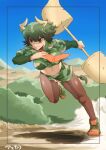  &gt;:) 1girl amakarakuchi animal_ears aurochs_(kemono_friends) bangs breasts brown_eyes brown_legwear camouflage camouflage_shirt camouflage_skirt closed_mouth collared_shirt cow_ears cow_girl cow_horns cow_tail cropped_shirt day empty_eyes eyebrows_visible_through_hair full_body green_hair highres holding holding_weapon horn_lance horns impossible_clothes impossible_shirt kemono_friends layered_sleeves long_sleeves medium_breasts medium_hair microskirt midriff multicolored_hair navel necktie outdoors pantyhose parted_bangs red_necktie running shirt shoes short_over_long_sleeves short_sleeves skirt smile solo stomach tail tan toned v-shaped_eyebrows weapon wing_collar 