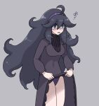 1girl ahoge bangs black_hair breasts clothes_lift commentary dress dress_lift grey_background grey_eyes hair_between_eyes hairband haloh hex_maniac_(pokemon) highres lifted_by_self long_hair messy_hair open_mouth panties pokemon pokemon_(game) pokemon_xy purple_hairband purple_panties simple_background solo squiggle tongue underwear 