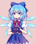 1girl :&lt; bangs blue_bow blue_dress blue_eyes blue_hair bow caramell0501 cirno closed_mouth collared_shirt dress eyebrows_visible_through_hair hair_bow highres holding ice ice_wings long_dress neck_ribbon pinafore_dress puffy_short_sleeves puffy_sleeves red_ribbon ribbon shirt short_hair short_sleeves simple_background squid stuffed_animal stuffed_toy symbol-only_commentary touhou v-shaped_eyebrows white_shirt wings 