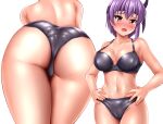  1girl absurdres ass ayane_(doa) bangs bare_arms bare_shoulders bent_over bikini black_bikini blush breasts cleavage collarbone commentary_request cowboy_shot dead_or_alive embarrassed eyebrows_visible_through_hair hands_on_hips headband highres large_breasts looking_at_viewer multiple_views navel nose_blush open_mouth purple_hair red_eyes short_hair simple_background swimsuit thighhighs topless white_background zanntetu 