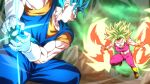  1boy 1girl abs alternate_universe aqua_hair battle blurry blurry_background breasts dougi dragon_ball dragon_ball_super earrings gloves green_hair green_sky jewelry kamehameha kefla_(dragon_ball) muscular muscular_female muscular_male open_mouth potara_earrings rom_(20) spiked_hair super_saiyan super_saiyan_blue vegetto white_gloves 