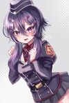  1girl belt blue_archive blush commentary_request hair_between_eyes hair_ornament hairclip hakusai_ponzu haruka_(blue_archive) hat military military_hat military_uniform open_mouth purple_eyes purple_hair short_hair_with_long_locks simple_background smile solo uniform 